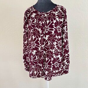 LOFT Long Sleeve Floral Dress Blouse - Burgundy/Cream - Size M